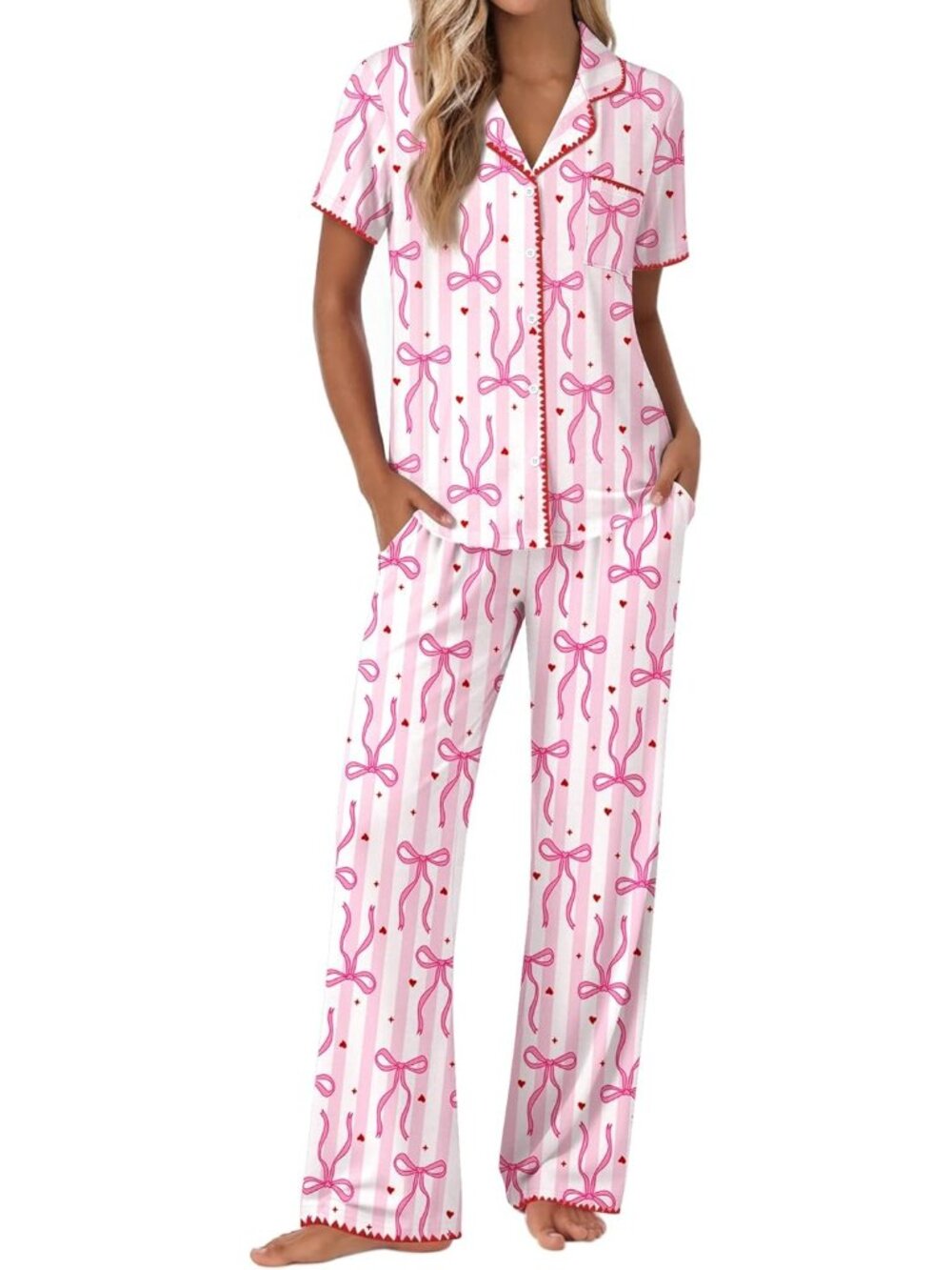 Women Pink Short Sleeve Sleepwear Button Up Shirt Pajamas Set 2 Pieces